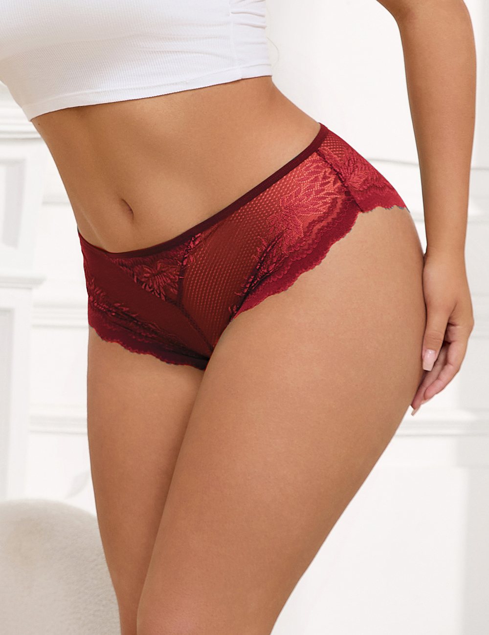 Burgundy Sexy Metal Heart Lace Hollow Out Women Panty