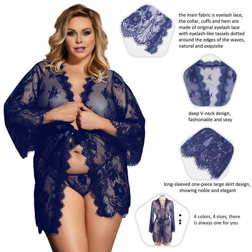 Blue Sleepwear With Thong Sexy Long Sleeve Eyelash Lace Short