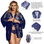 Blue Sleepwear With Thong Sexy Long Sleeve Eyelash Lace Short