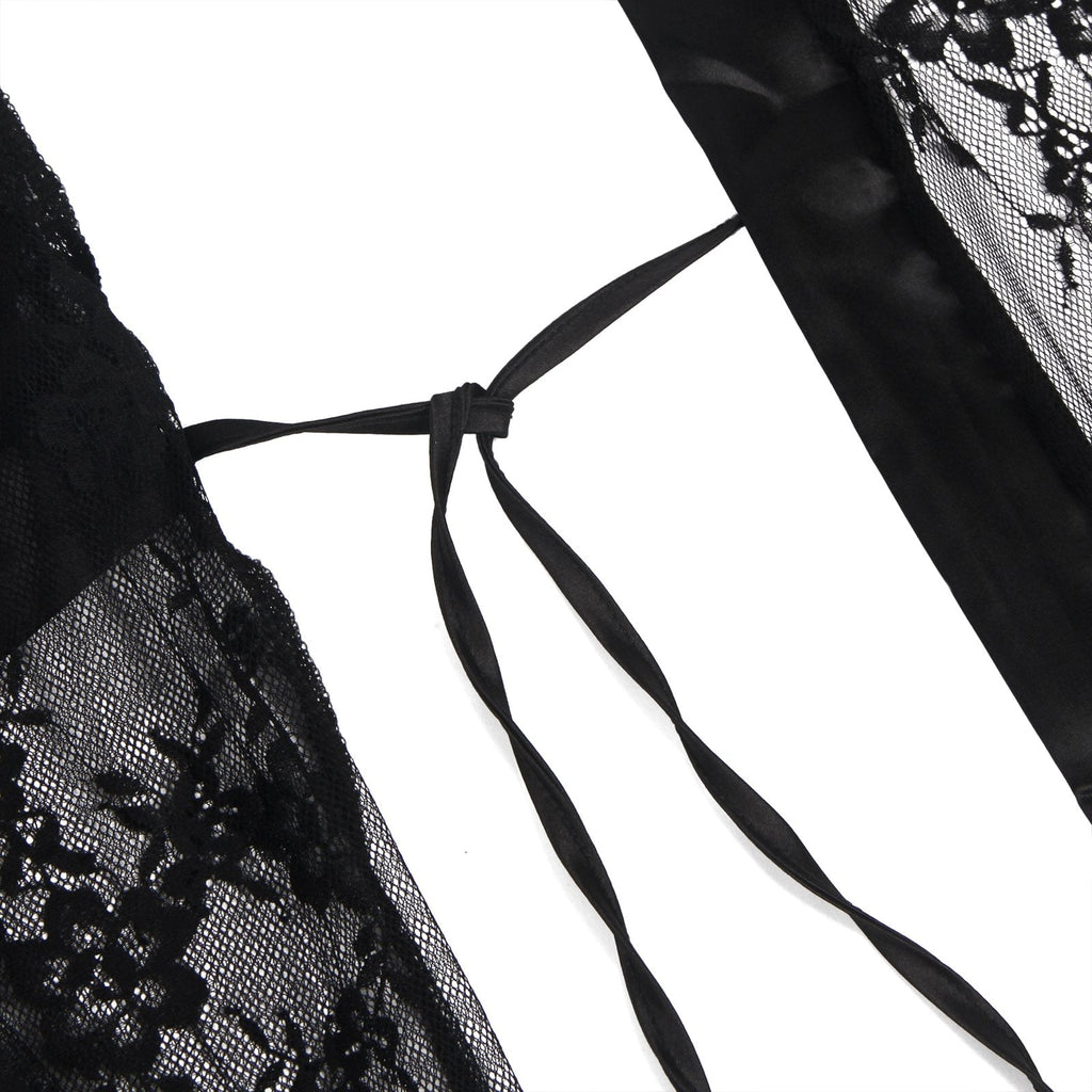 Sexy Long Sleeve Black Eyelash Lace Plus Size Short Sleepwear With Thong