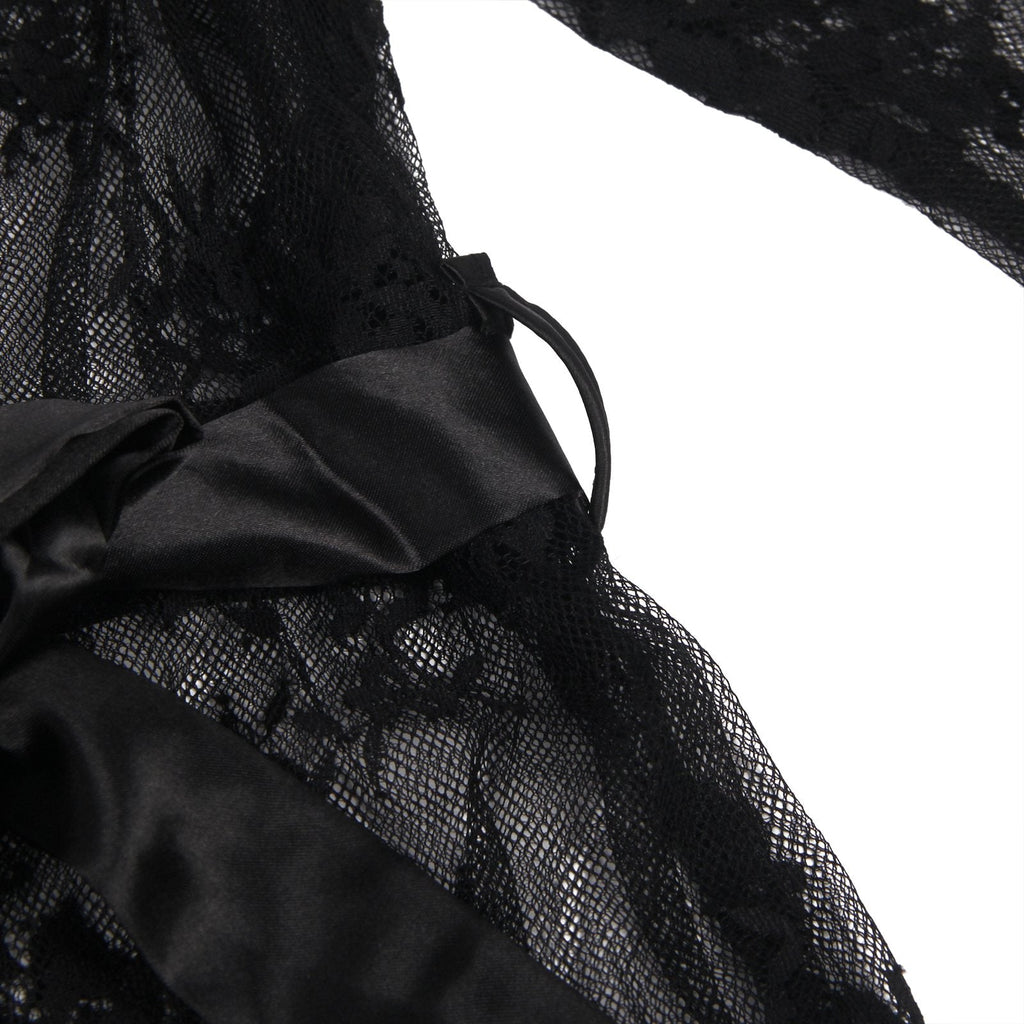 Sexy Long Sleeve Black Eyelash Lace Plus Size Short Sleepwear With Thong
