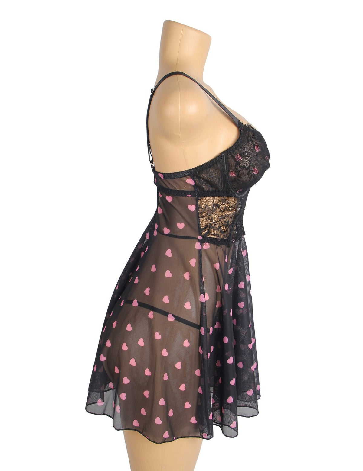 Black Sexy Heart Printed Lace Mesh Push Up Nightdress